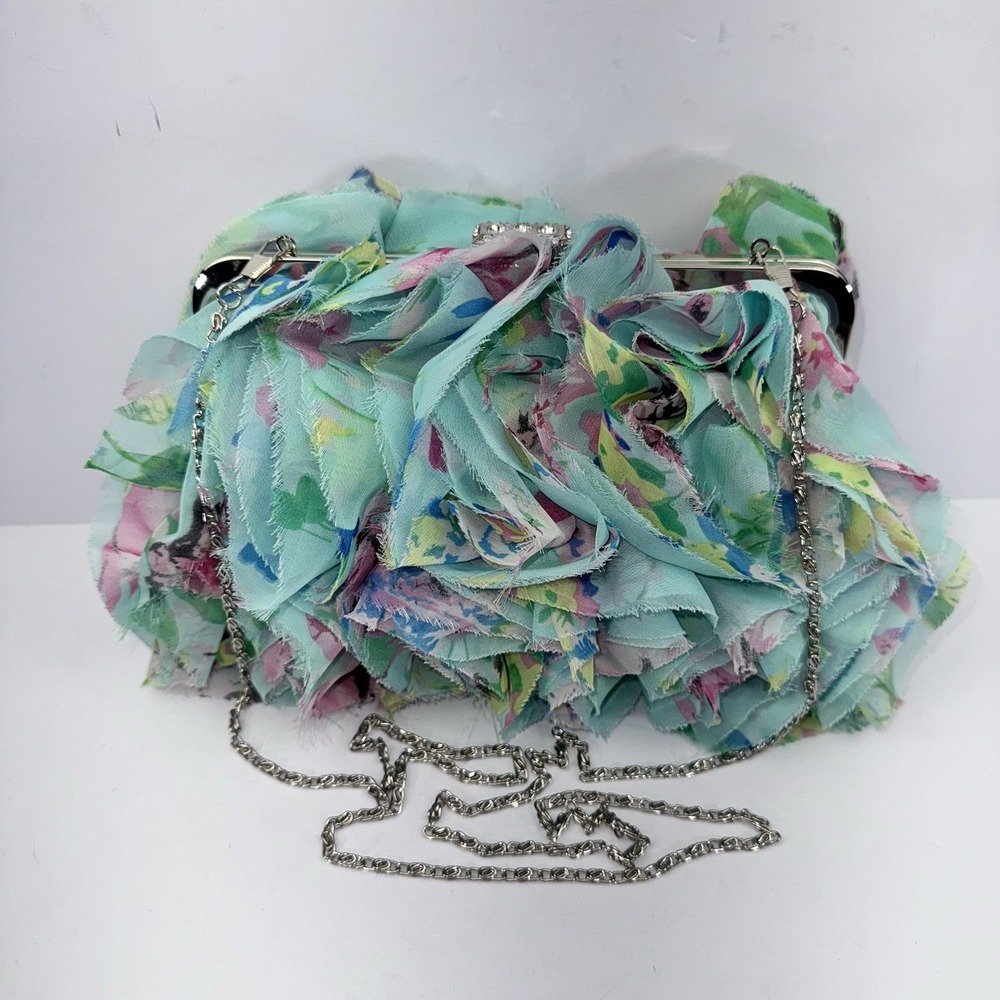 Lulu Townsend Purse Bag Clutch Green/Muli-Colored Flowers Chain/Rope Handle